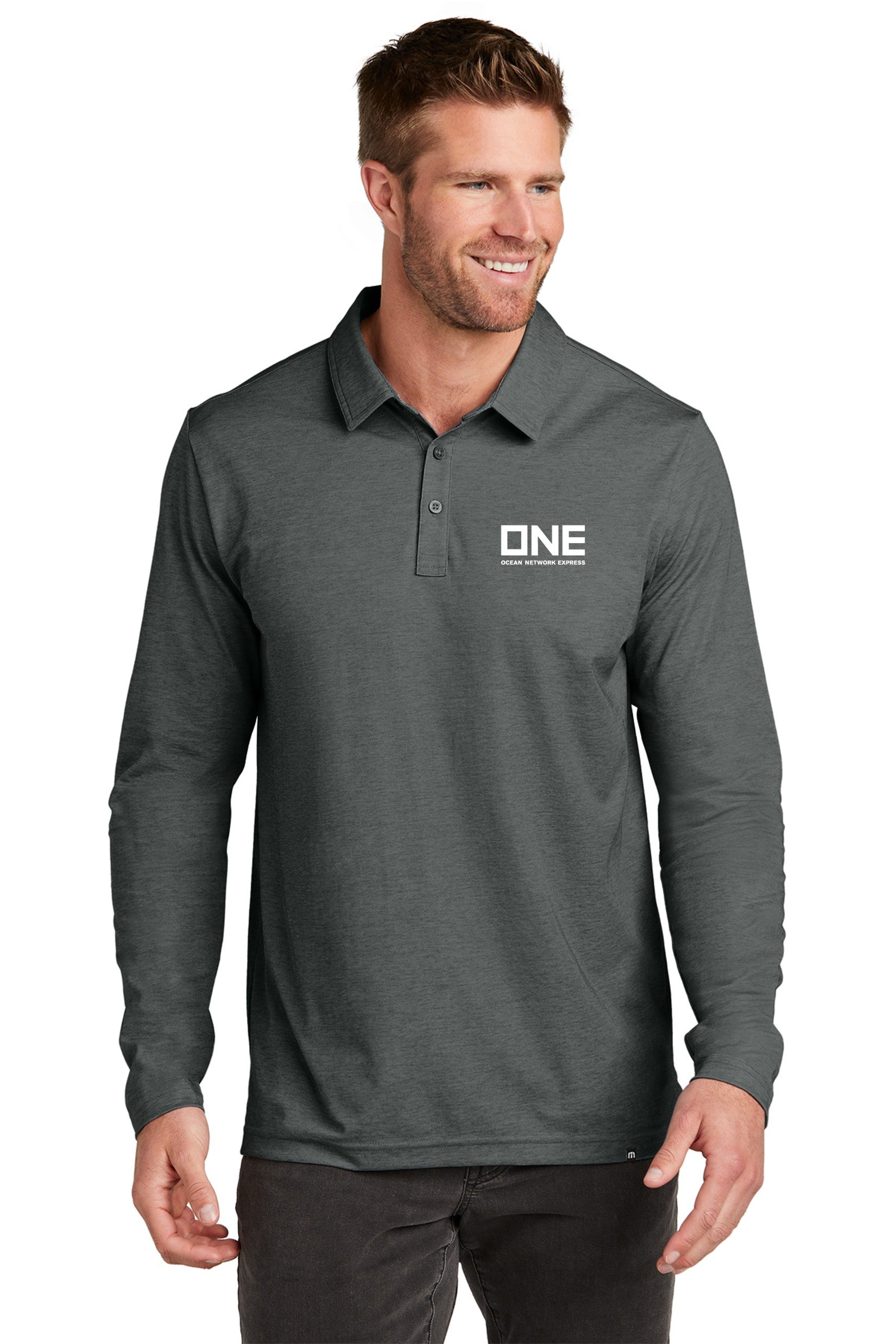 Travis Mathew Oceanside Heather Long Sleeve Polo - Black Heather