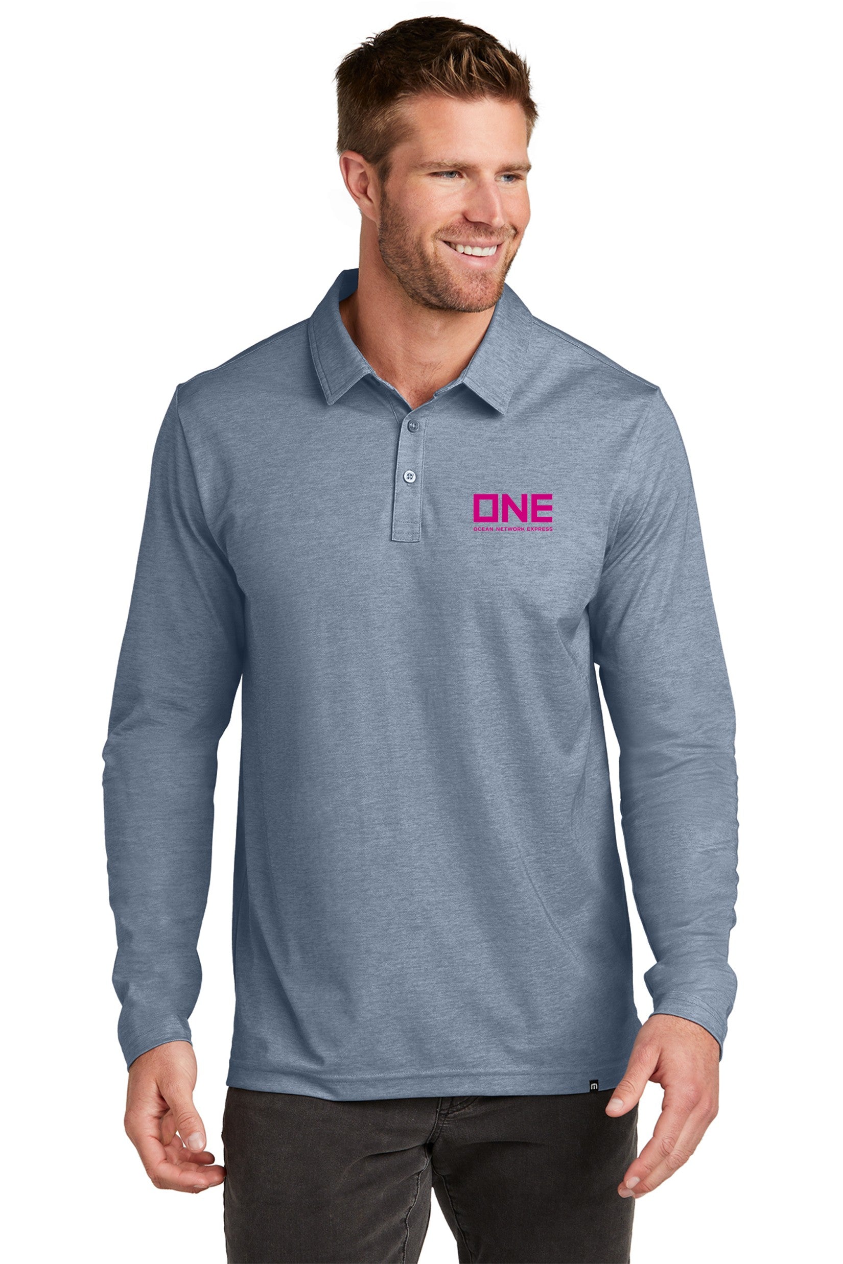 Travis Mathew Oceanside Heather Long Sleeve Polo - Blue Nights Heather
