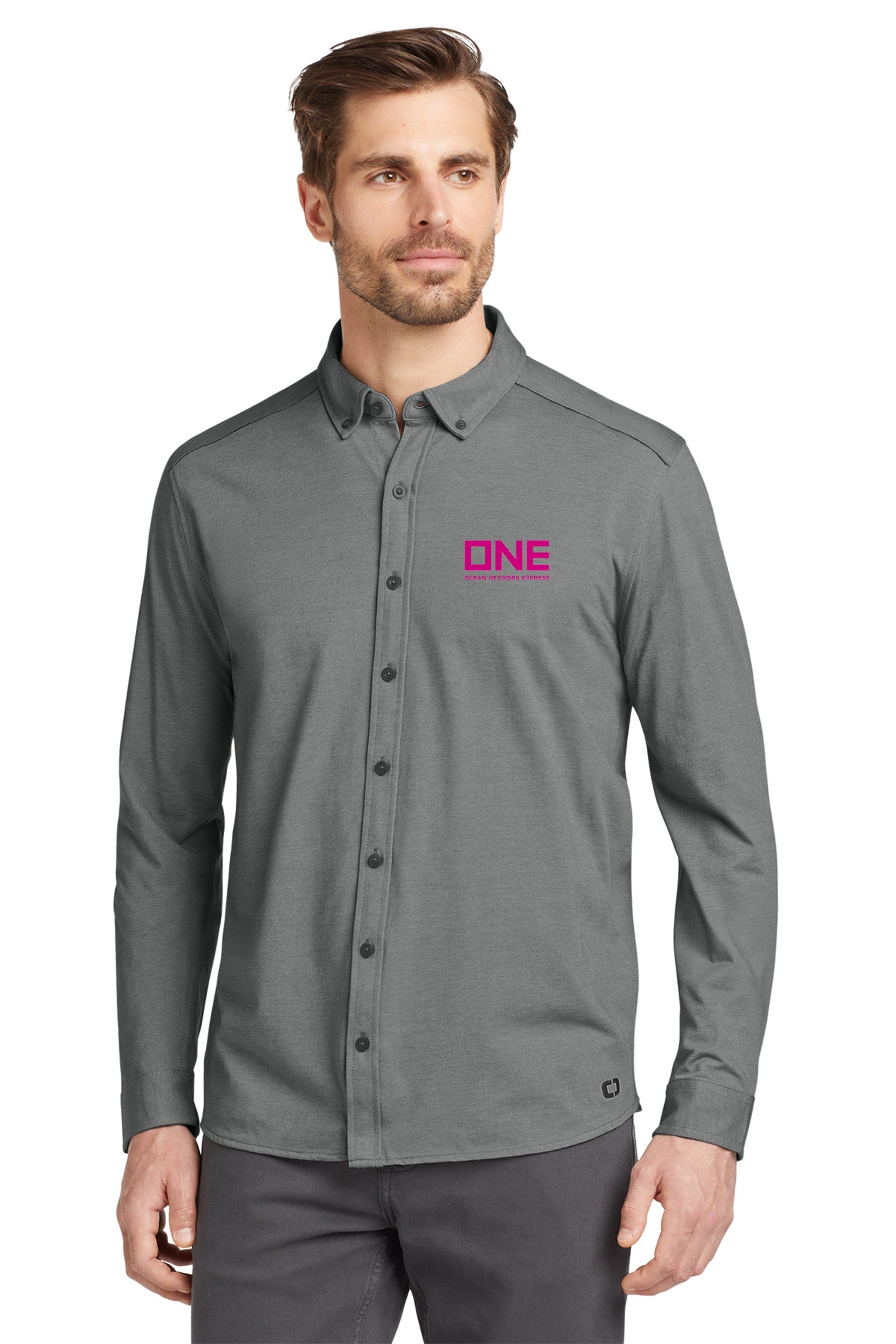 OGIO Code Stretch Long Sleeve Button-Up - Tarmac Grey Heather