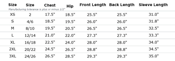 Size Chart for Pacesetter 1/4 Zip - Black