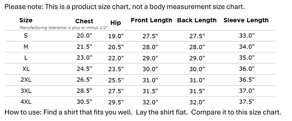 Size Chart for Pacesetter 1/4 Zip - Black