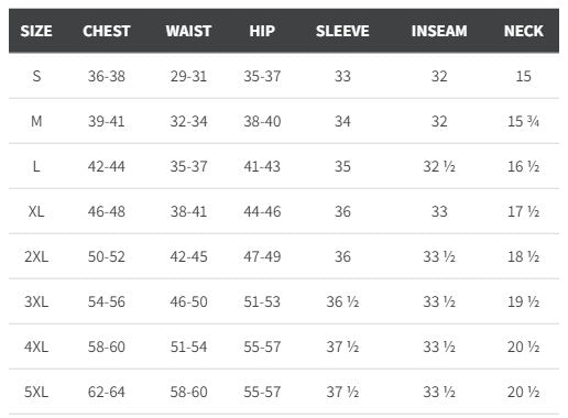 Size Chart for Varsity High Stretch Long Sleeve T-shirt