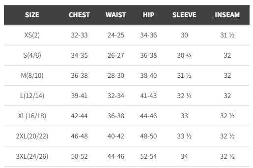 Size Chart for Varsity High Stretch Long Sleeve T-shirt